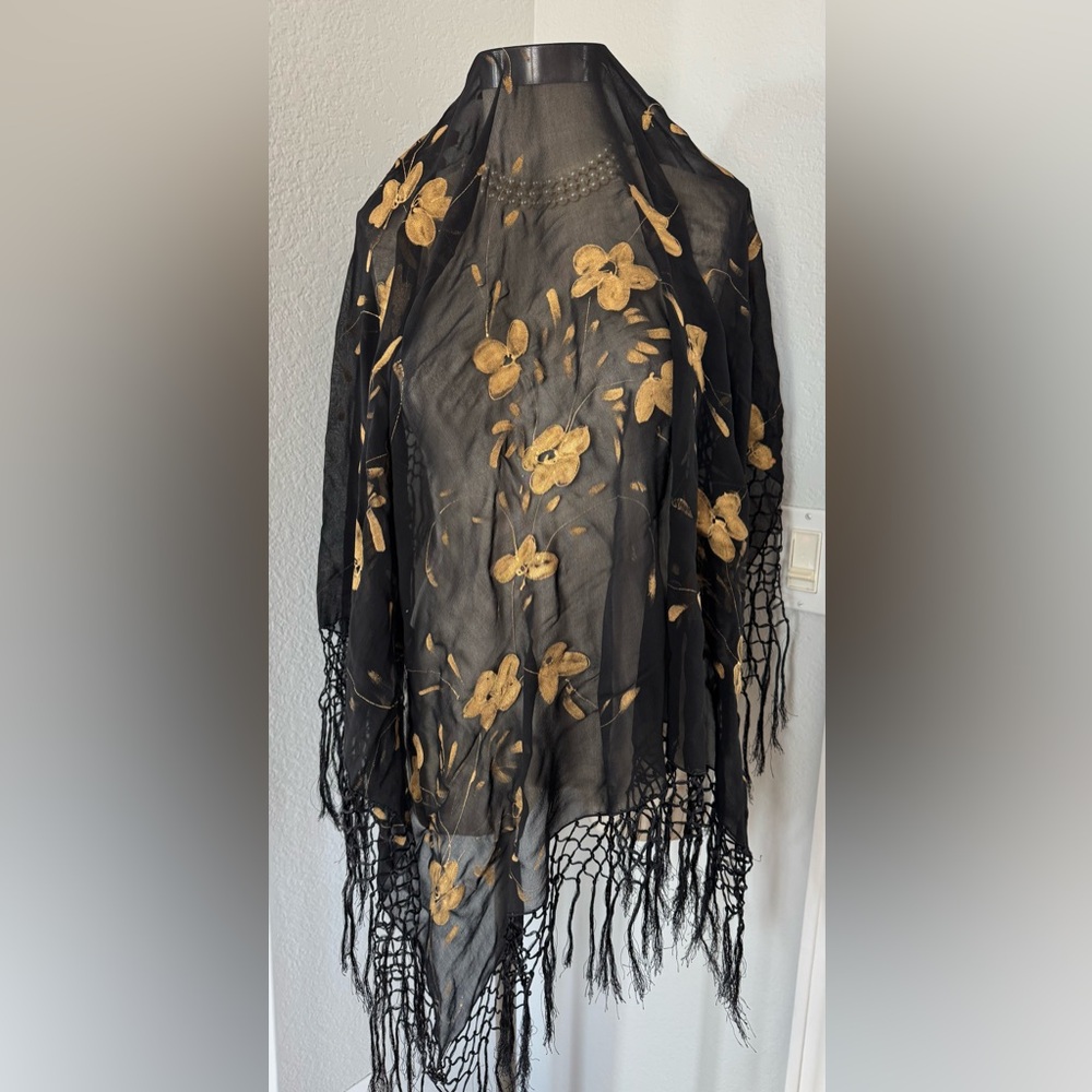 Hand-painted Fringe Scarf Black 42”x39”